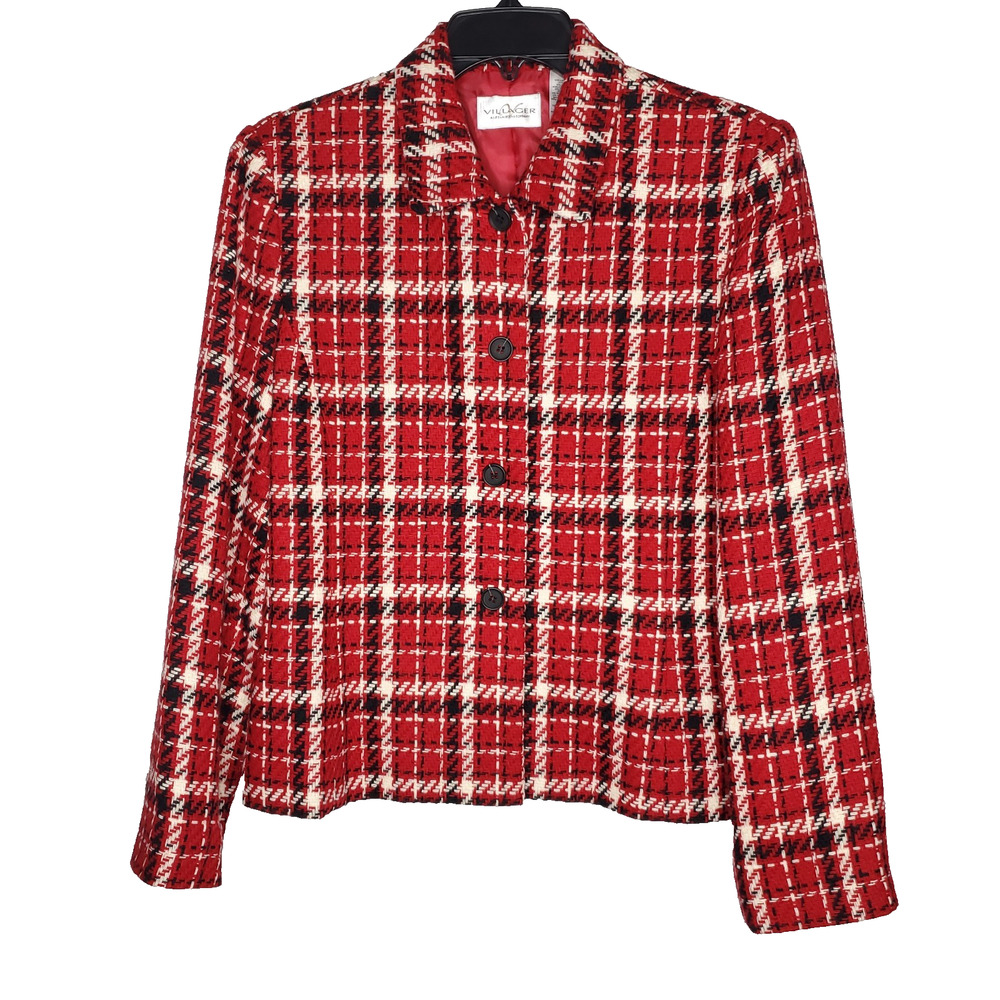 Villager Liz Clairborne Womens SZ 10 Blazer Wool Blend Red Black Plaid Lined VTG